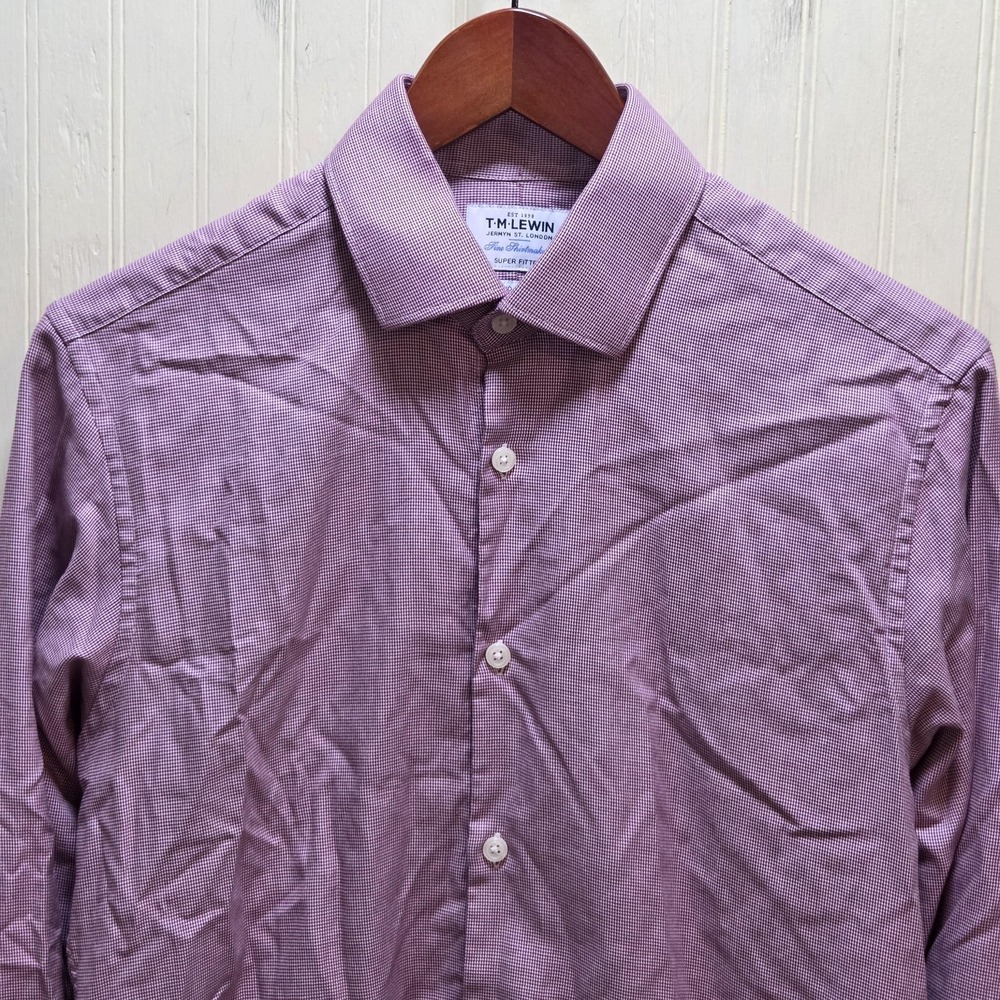 T.M. Lewin Dress Shirt Mens 15.5 32/33 Pink Check Super Fitted Cotton LS